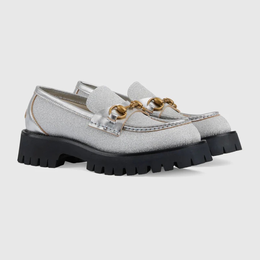 Gucci Silver Loafers with Gold Accents